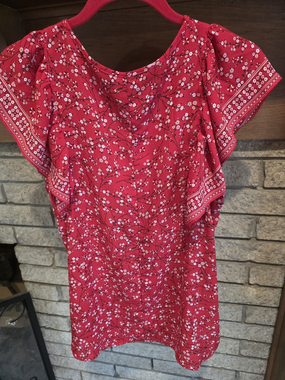 Max Studio Red Floral Ruffle-Sleeve Button Front Blouse - Picture 4 of 4